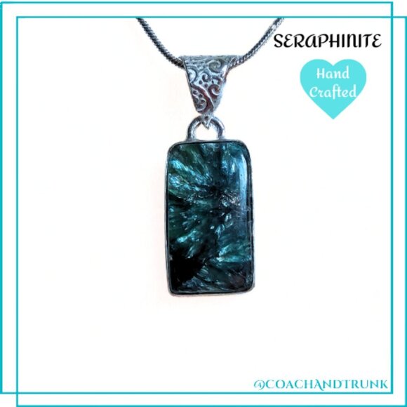 ARTISAN SERAPHINITE NECKLACE ORNATE ETCHED BAIL INCLUDES CHAIN - Picture 1 of 6